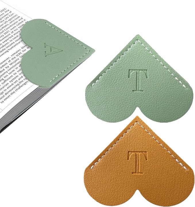 2Pcs Personalized Leather Heart Bookmark with Initial, 26 Letters Custom Corner Page Book Mark for Reading Women, Book Lovers, Teachers, Students, Cute Book Accessories Gifts(Green+Light Brown, T)