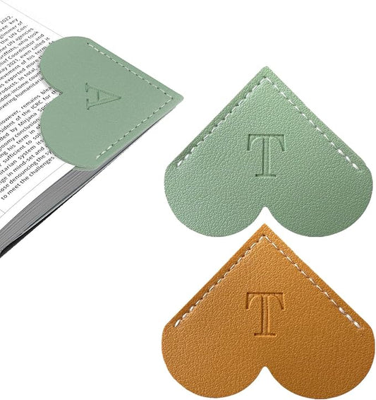 2Pcs Personalized Leather Heart Bookmark with Initial, 26 Letters Custom Corner Page Book Mark for Reading Women, Book Lovers, Teachers, Students, Cute Book Accessories Gifts(Green+Light Brown, T)
