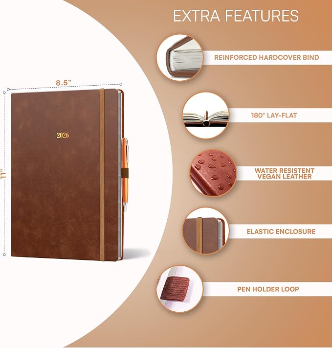 Ensight 2026 Hardcover Appointment Book & Planner 8.5" x 11" inches Large Tabbed Daily Hourly Weekly Planner Schedule Book 15 Minute time Slots Business & Personal Planner Jan 2026 Dec 2026 Brown
