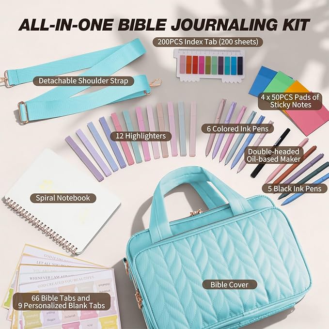 KOPKOFT Bible Cover Case for Women, All-in-One Bible Study Supplies Journaling Kit with Highlighters Tabs, Quilted Book Carrying Cases, Christmas Christian Gifts for Women(Blue Green)