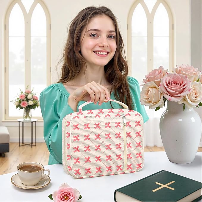 WOBAGMEN Bible Cover Case for Women,Cordoury Bible Cover with Handle,Bow Bible Book Cover,Carrying Case Bible Protective Christian Gift(zhengqi Bow, M)