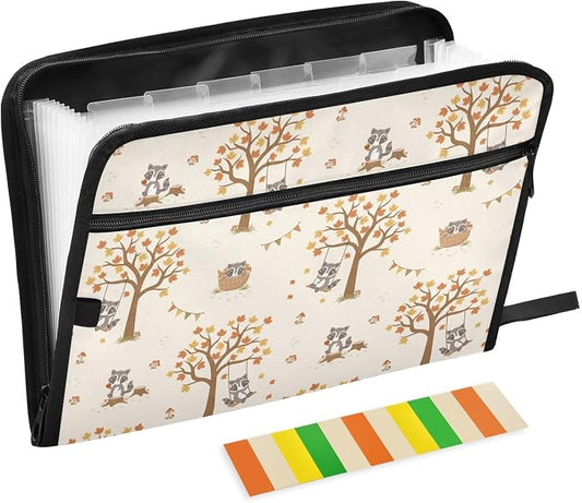 Cute Racoon Woodland Cartoon File Folders,Plastic Folders with 13 Pockets,Expandable File Folder for Documents School Students Office,Aesthetic Folder with Labels A4 Letter Size