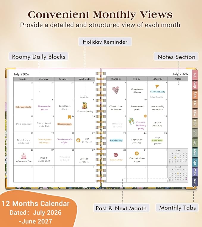 Academic Planner 2026-2027, Hardcover Weekly and Monthly Calendar Planner from July 2026 - June 2027, 8.5" x 11" A4 Large Daily Agenda with Tabs, College School Organizer for Student Teacher, Wildflower Mountainside