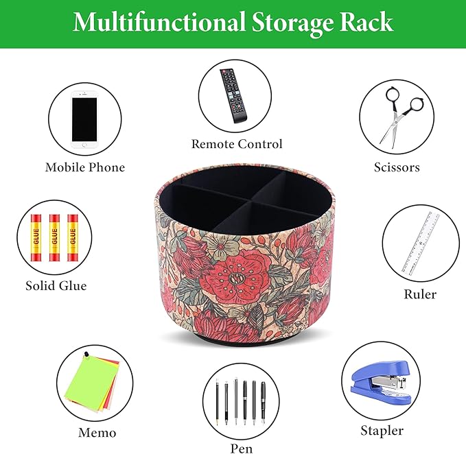 Round Leather Art Supply Organizer,Remote Control Holder,360 Degree Spinning,Multi-Functional Pencil Holder,4 Compartments Desktop Stationary Organizer(1-Red Rose)