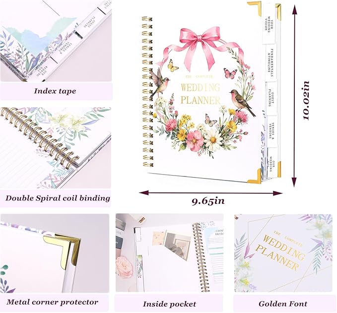 Spiral Wedding Planner Niotebook with Countdown Calendar, Beautiful Boho Wedding Planner Book and Organizer with Guiding Tab, Bridal Planning Binder (Garland)
