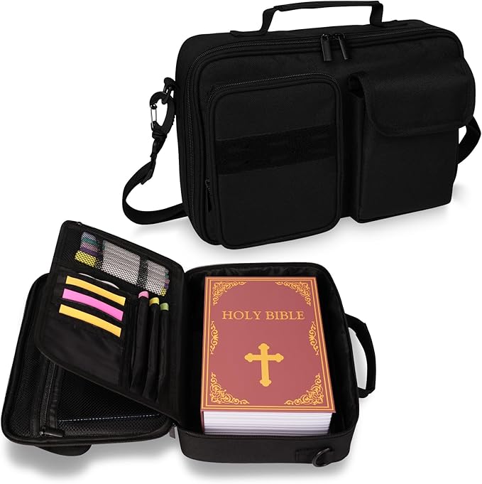 Tactical Bible Cover for Men, Bible Carrying Case with Multiple Pockets & Top Handle & Shoulder Strap & MOLLE System, Bible Bag for Church, Study, Travel, Bible Protector and Christian Gift (Black)