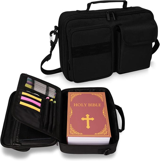 Tactical Bible Cover for Men, Bible Carrying Case with Multiple Pockets & Top Handle & Shoulder Strap & MOLLE System, Bible Bag for Church, Study, Travel, Bible Protector and Christian Gift (Black)