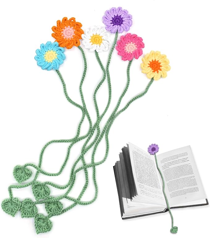 6 Pack Crochet Bookmarks for Women,Daisy Flower Handmade Personalized Cute Bookmarks,Gifts for Book Lovers and Teachers,Bag Charms,Keychain