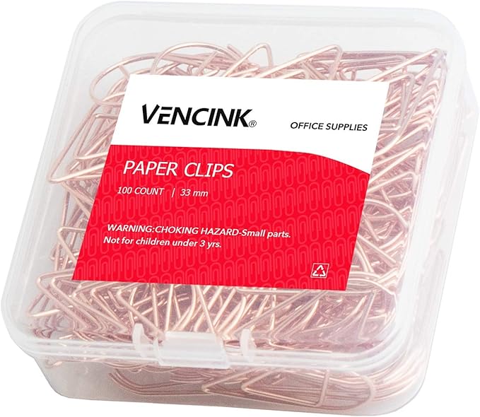 100 Pieces Rose Gold Cute Paper Clips Medium, VENCINK Smooth Stainless Steel Drop-Shaped Wire Paperclips for Office Supplies Wedding Women Girls Kids Students