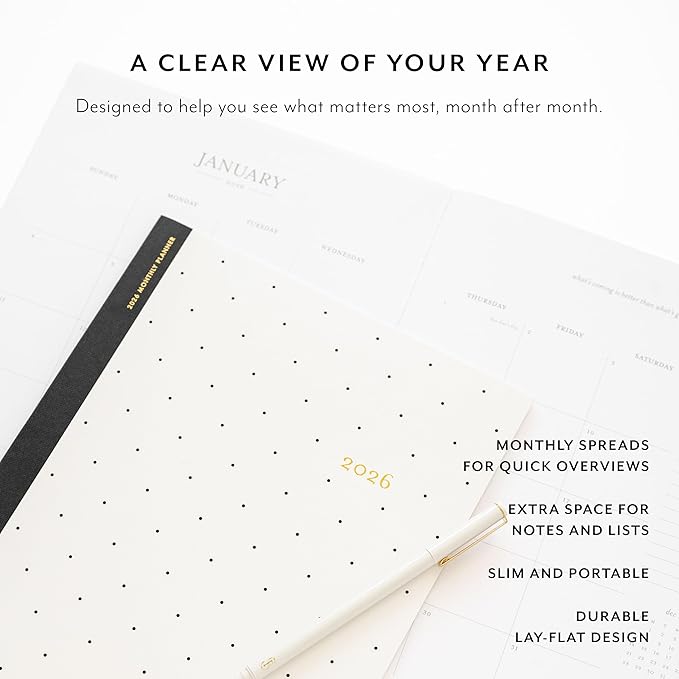 Sugar Paper 2026 Monthly Planner, January to December, 8" x 10", Calendar for Women, Flexible Matte Paper Cover, Fabric Tape Stitch Binding, 12 Month, Black Swiss