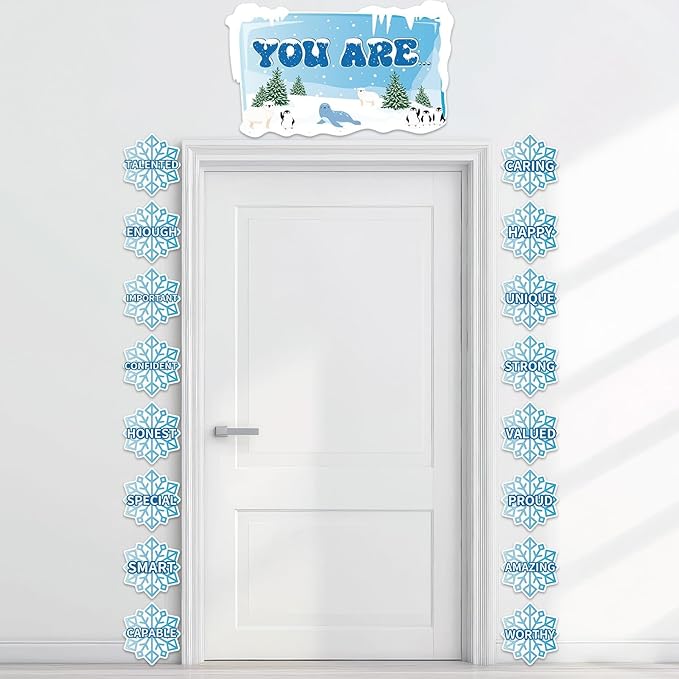 Winter Affirmation Station Bulletin Board Door Decoration Winter Snowflake Classroom Decor Christmas Motivational Positive Cutout Classroom Mirror Growth Mindset Decor for School Home Door Wall Supply