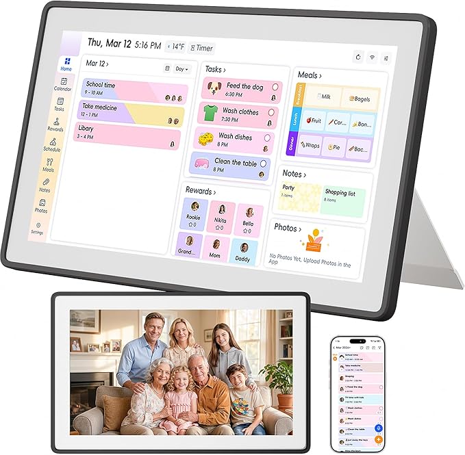 15.6 Inch Wall Planner Digital Calendar & Chore Chart, Smart Touchscreen Interactive Family Schedule Display with Electronic Photo Album, Wall-Mounted Smart Home Organizer for Daily Tasks, Appointments & Photo Slideshow, Black
