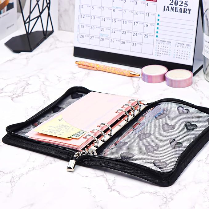 NatSumeBasics Black A6 Binder Zipper Cash Envelope Wallet 6 Ring Lace Zip Budget Binders Cover for Journaling Planner (Zipper Black, A6 Binder)