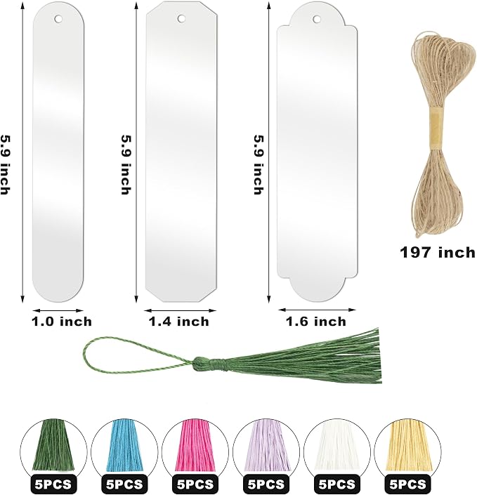 61PCS Acrylic Bookmarks Blanks Bulk 3 Symmetrical Shapes Clear Bookmark Plastic Blank 30 Sets with 6 Color Tassels & Twine String for Vinyl DIY Craft