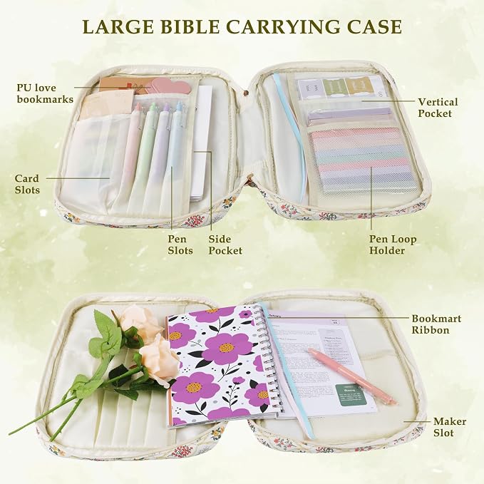 Allinside Bible Cover Case for Women - All-in-One Bible Study Kit with Accessory Pouch, 2 PU Heart Bookmarks, Waist Strap & Greeting Card | Bible Carrying Bag for Church, Prayer & Daily Devotion - Perfect Christian Gift