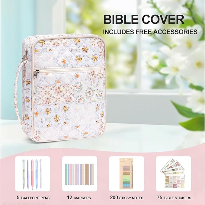 Large Bible Cover Case for Women,Quilted Bible Bag,Floral Bible Storage Bags with Zipper Pocket and Handle