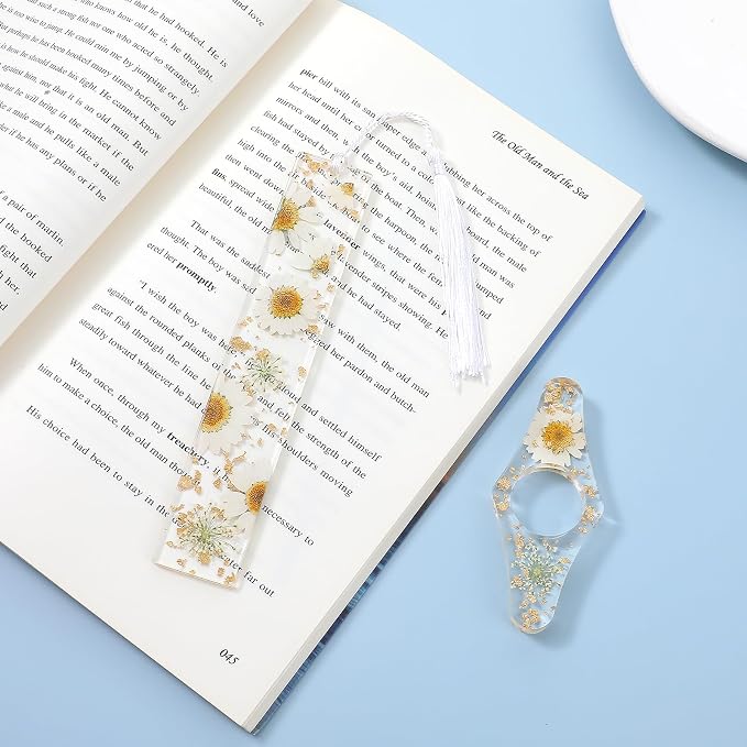 Gjinxi 2Pcs Book Page Holder, Dried Flower Resin Thumb Book Page Holder and Bookmark with Tassel, Book Accessories for Reading Lovers, Gift for Bookworm, Readers, Literary, Students, Teachers (White)