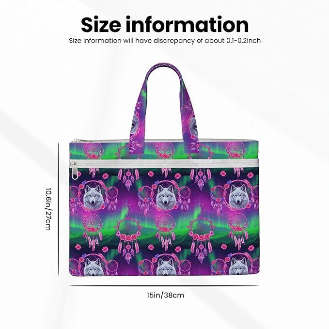 Canvas Fabric Document Briefcase Flower Dream Catcher Boho Wolf, Zipper File Organizer with Handle for Paper Files and Books