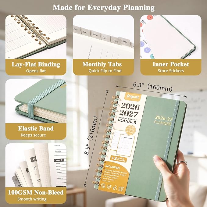JoyCat Academic Planner 2026-2027, July 2026 - June 2027, A5 Weekly & Monthly Planner, Hardcover Agenda with Tabs, 5 Sticker Sheets, Elastic Closure & Pocket for Teachers & Students, 6.3" x 8.5", Green