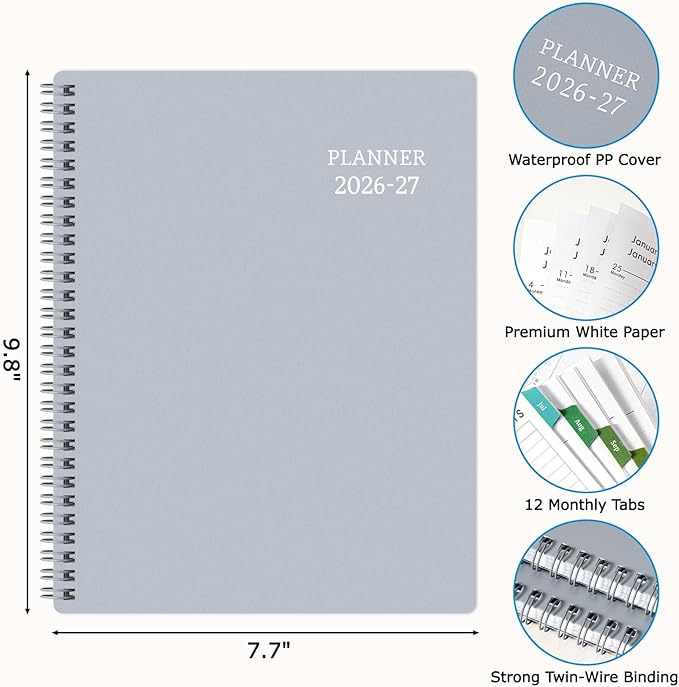 Planner 2026-2027 - Academic Planner from July 2026 - June 2027, 7.7" x 9.8", Calendar Planner 2026-2027, Weekly and Monthly Planner Spiral Bound, Flexible Cover, To-Do List, 12 Monthly Tabs