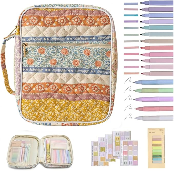 Quilted Bible Cover Case for Women Large Cute Floral Bible Carrying Case Bibles Bag with Study Supplies (Boho Patchwork)