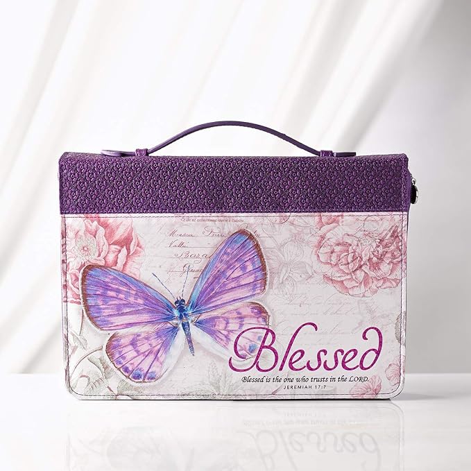 Christian Art Gifts Women's Fashion Bible Cover Blessed Butterfly Jeremiah 17:7, Purple Floral Faux Leather, Large