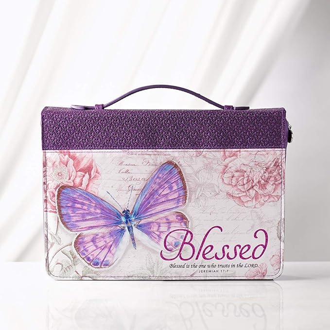 Christian Art Gifts Women's Fashion Bible Cover Blessed Butterfly Jeremiah 17:7, Purple Floral Faux Leather, Large