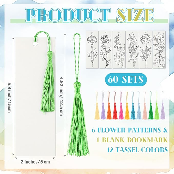 Sinmoe 120 Pcs Color Your Own Bookmarks 6 Styles Watercolor Bookmarks to Paint Card Stock Paper Watercolor Colorful Tassels Craft DIY for Classroom Projects Gifts Tags 5.9 x 2 Inch