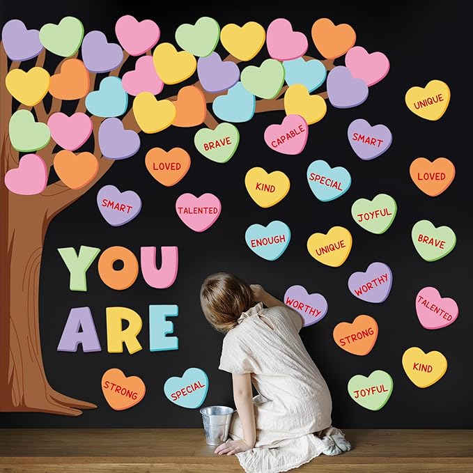 JarThenaAMCS 61Pcs Valentine's Day Classroom Bulletin Board Set Classroom Decoration Conversation Candy Heart Tree Cutout with Glue Points for School Wall Door Decor Party Supplies