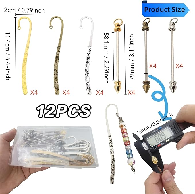 12 Pcs Beadable Bookmarks DIY Metal Blank Bar Bookmark for Beads Metal Bookmark Hairpin Hook Carved Antique Vintage Bookmarks Gift for Book Lovers Student Teacher Office Supplies