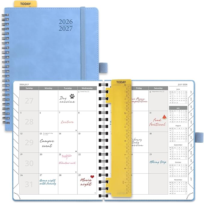 POPRUN 2026-2027 Monthly Planner, 6.5" x 8.5", 18 Month Calendar (July 2026 to December 2027) with Expense Tracker, Notes Pages, Sprial Bound, Leather Softcover - Cerulean Blue