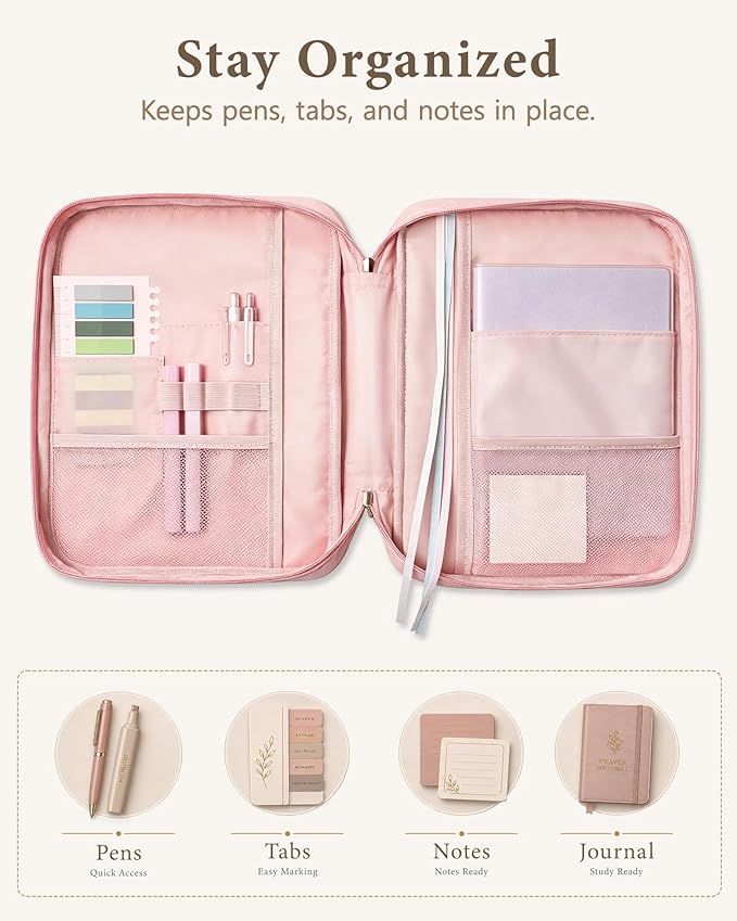 Wuflyover Bible Bag for Women, Quilted Bible Cover Case with Handle, Bible Carrying Case for Church and Bible Study, (Pink)
