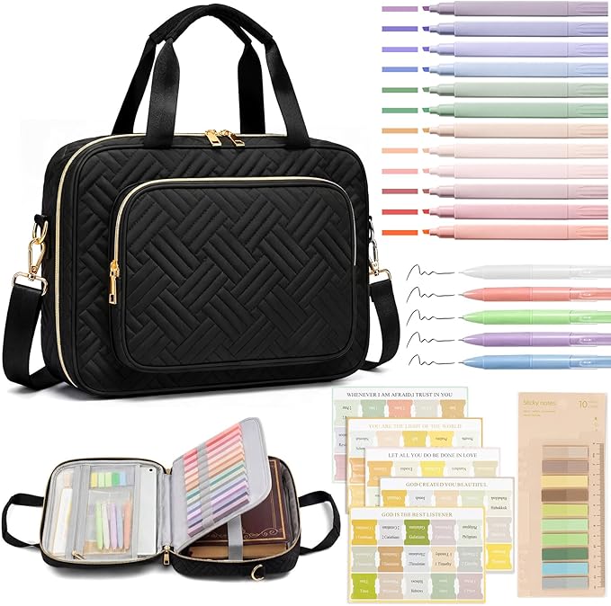Bible Bag for Women, Large Bible Cover Case with Study Supplies,Girls Carrying Case with Highlighters, Pens, Bible Tabs, Sticky Notes, Christian Gifts for Girls, Mom, Easter Mothers Day Religious Gift