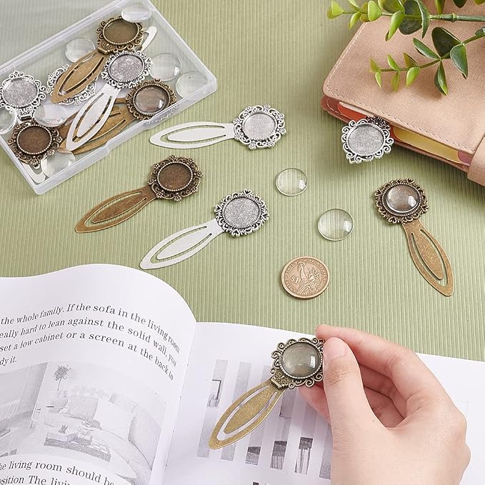 NBEADS 24 Pcs 3 Styles 2 Colors Bookmark Pendant Tray Kit, Including 12 Pcs Tibetan Style Bookmark Cabochon Settings 12 Pcs Dome Transparent Glass Cabochons for Reading Gift Crafting DIY Bookmark