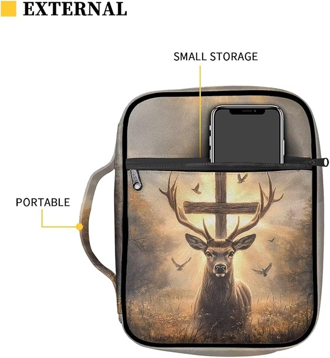 Suobstales Deer Cross Print Bible Cover Portable Carrying Book Case Multi-Functional Bible Case Bible Organizer Case with Handle and Zippered Back Pocket