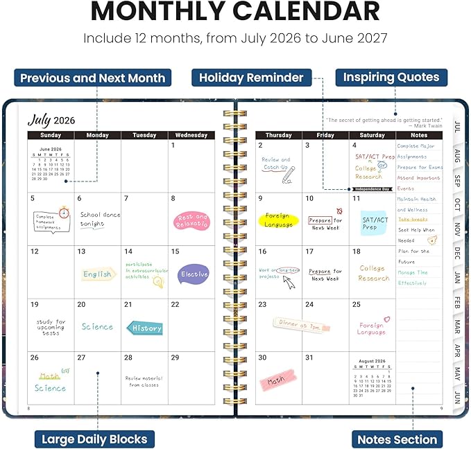 2026–2027 Academic Planner, Weekly and Monthly Planner for Women, July 2026 - June 2027, Pretty Hardcover 2026–2027 Academic Planner with Tabs, Inner Pocket, Spiral Bound, Perfect Office Home School Supplies - 6.3" x 8.5", Galactic Spiral