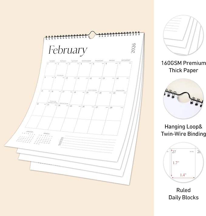 Aesthetic Wall Calendar 2026, 18 Monthly Vertical Calendar January 2026 to June 2027, 15" x 10" Modern Wall Hanging Calendar for School, Home, Office for Monthly Organizing & Planning