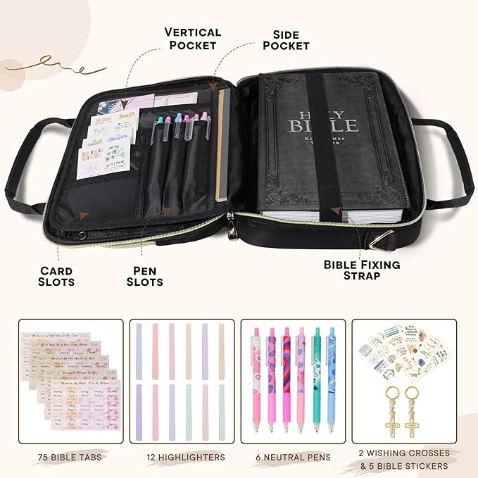 Bible Cover Case for Women, Large Qilted Bible Case with Shoulder Strap,Study Supplies and Highlighters Accessories - Perfect Christian Gift for Church, Travel (Black, one Size)