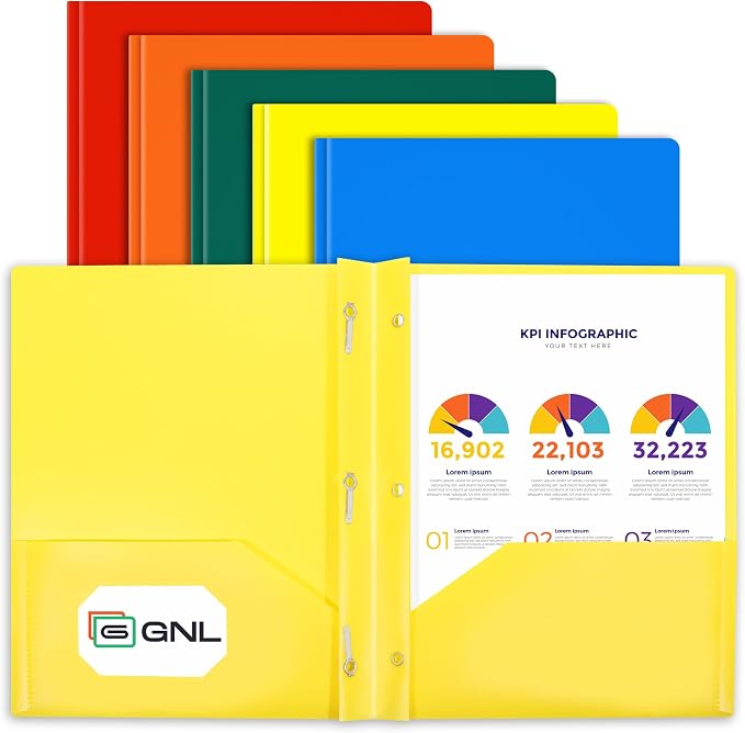GNL Plastic Folders with Pockets and Prong, Pack of 5, Colored Heavy Duty 2 Pocket File Folders Letter Size, Folders with Prongs for School, Home, and Office