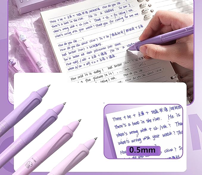 YYaaloa 4pcs Cute Retractable Erasable Gel Pens Fine Point 0.5mm Blue Inks Make Mistakes Disappear for Writing Planner and Crossword Puzzles (Purple, Blue)