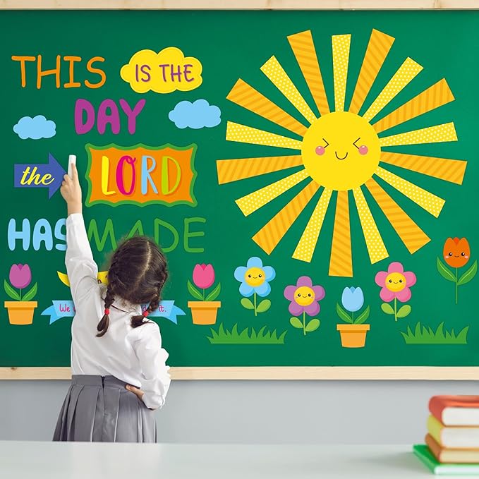 Fuyoooo 150 Pcs Spring Christian Bulletin Board Set Sunday School Bulletin Board Inspired Religious Classroom Decoration for Teacher Sunday School VBS Bible Church Summer Wall Decor(Bright Colors)