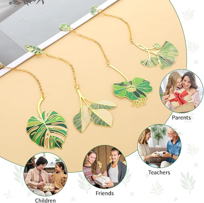 4 Pcs Metal Bookmarks, Lotus Leaf Plant Bookmark, Pendant Floral Metal Bookmark for Book Lovers, Cute Monstera Bookmarks for Teacher Writers Reader Gift, Gifts for Plant Lovers