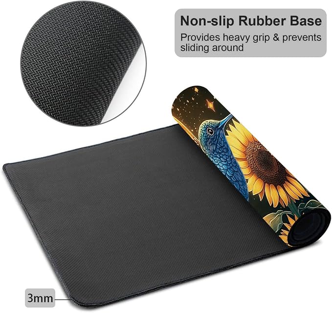 Mouse Pad Gaming Mousepad 31.5x11.8 Inch XXL Large + Coasters,Desk Mat with Stitched Edges, Non-Slip Rubber Base, Thick Mouse Pad for Computer, Laptop, Office & Home - Sunflower Hummingbird
