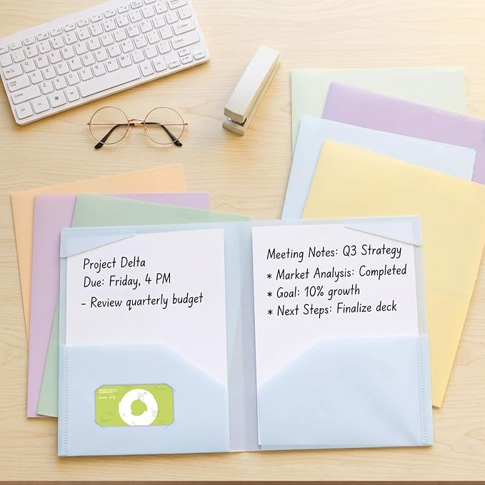 EOOUT 24pcs Plastic Folders with Pockets, Heavy Duty Pocket Folders, 2 Pocket File Folders with 2 Business Card Holder, 8 Colors, Letter Size, A4 Size, for Office School Filing Supplies