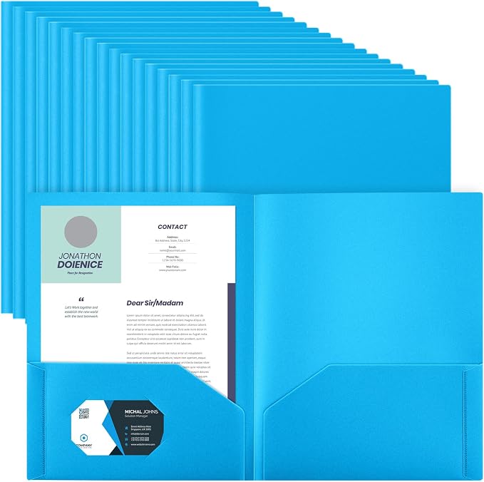 Gueevin 100 Pack Plastic Folder with Pockets, 2 Pocket Folders, Plastic Glossy Folders Fit Letter Size Paper, Heavy Duty Durable File Folder with Business Card for Home Office School (Lake Blue)