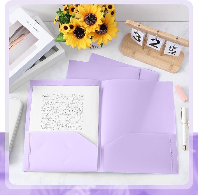 Gueevin 100 Pack Plastic Folder with Pockets, 2 Pocket Folders, Plastic Glossy Folders Fit Letter Size Paper, Heavy Duty Durable File Folder with Business Card for Home Office School (Light Purple)