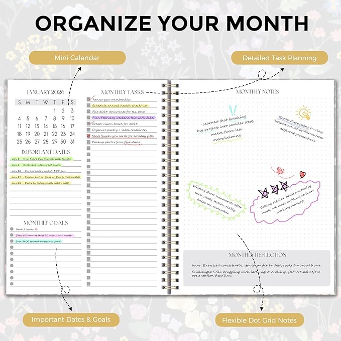 SKYDUE Monthly Planner 2026-2027, 24 Months Calendar Planner 2026-2027, 7.5" x 10" B5 Planner, Twin-wire Spiral Bound, Durable Waterproof Cover, Thick No-Bleed Paper, BlackFloral