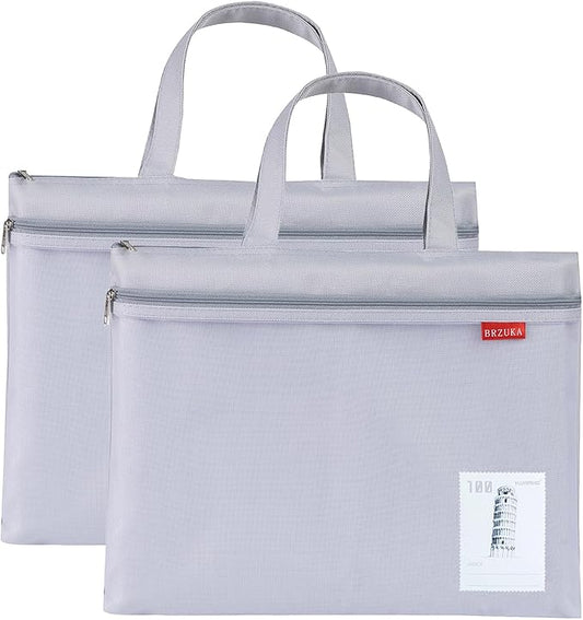 Mesh Zipper Pouch 11x13.7 in, A4 Double Pocket Waterproof File Bag with Handle, Document Storage for School/Travel/Office/Puzzle (Gray, 2pcs)