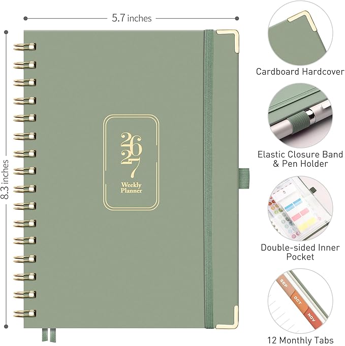 RETTACY Academic Planner 2026-2027, Weekly and Monthly, July 2026 - June 2027, Medium Size (5.7" x 8.3"), Calendar, Agenda, 12-Month Tabs, Hardcover, for Student, Teacher, School (Light Green)
