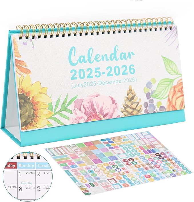 MultiBey Desk Calendar 2025-2026, 18 Months Calendar from July. 2025 to Dec. 2026, 9.9" x 5.8" Standing Flip Small Desk Calendar Floral with Thick Paper, Includes Stickers